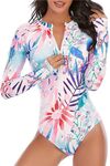 Womens Rash Guard Long Sleeve One Piece Swimsuit Ruched Zip Bathing Suit Zipper floral sports swimsuit (AU, Alpha, Medium, Regular, Regular, Pink+White)