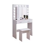 Jooli H White Dressing Table Set with Hollywood LED Lights Mirror, Vanity Makeup Table 2 Large Drawers and Stool