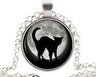 Silver Black Cat in Full Moon Neckl