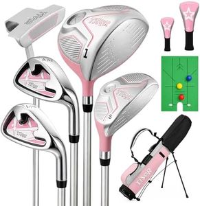 Kids Golf Clubs Set for Ages 9-12, Left Handed Youth Golf Clubs 9 Piece Set with 400cc Driver, Hybrid, 7 Iron, 9 Iron, Putter, Stand Bag & Practice Mat,Junior Golf Clubs for Height 4'4"-4'10",Pink