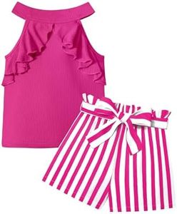 MIGU Girls Clothes Summer Sleeveless Top Fashion Cute Floral Belt Shorts Two Piece Outfit Set Size 6-12, Cherry Pink+stripe, 11-12 Years