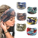 Yeshan Boho Bandeau headbands for Women Wide Bandana Knot Hair Scarf Floral Printed African Hair Bands Elastic Turban Thick Head Wraps Stretch Cotton Head Bands,Pack of 6