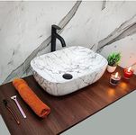 BASSINO Design Wash Basin Ceramic Tabletop Marble Bathroom Sink/Countertop Vessel Sink for Bathroom & Living Room - 455 x 325 x 145 mm (White Marble-Matt Finish)