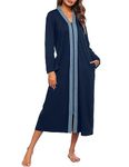 Ekouaer Women Zipper Robe Long Sleeve Loungewear Lightweight Housecoat Full Length Nightgown with Pockets (Navy Blue, Small)