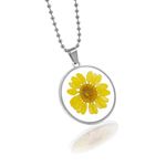 Silver Plated Round Shape Yellow Color Dried Pressed Sunflower Pendant Flower Plant Charm Floating Pendant Necklace