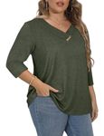 Luranee Plus Size Clothes for Women, Fashion Blouses for Women Dressy Casual Loose Fit Shirts to Hide Belly 3/4 Length Sleeve Summer Outfits Army Green 5X-Large