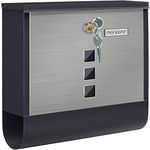 Monzana® Stainless Steel Design Letterbox | Black Finish with Newspaper Compartment, Viewing Window, 2 Keys, Name Tag | Elegant Wall-Mounted Post Box