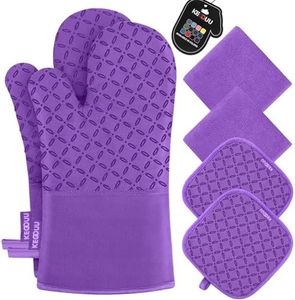 KEGOUU Oven Mitts and Pot Holders 6pcs Set, Kitchen Oven Glove High Heat Resistant 500 Degree Extra Long Oven Mitts and Potholder with Non-Slip Silicone Surface for Cooking (Purple)