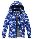 MoFiz Kid's Ski Jacket Waterproof Warm Winter Windbreak Snow Coat Boy's Fleece Snowboarding Jackets Hooded Thicken Coat (CD-Camo Blue, 8-9 Years)