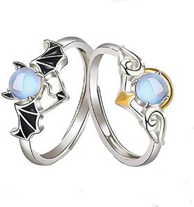 Pair of Moonstone Rings, Adjustable Sizes, Matching Dainty Open Partner Rings, Engagement Jewellery Ring for 2 Friends, Girlfriends, Women, Men, Weddings, Gift Box Packaging, Alloy