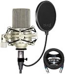 blucoil MXL 990 Cardioid Condenser Microphone for Podcasts, Voiceovers, Vocal and Acoustic Instrument Recording (Champagne) Bundle 10-FT Balanced XLR Cable, and Pop Filter Windscreen