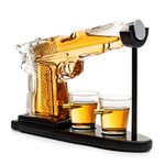 Gifts for Men Dad Whiskey Decanter Set 9 Oz with Two 2 Oz Glasses, Pistol Gun Unique Birthday Gift Ideas Daughter Son, Home Bar Gifts, Drinking Accessories Funny Military Present Cool Dispenser