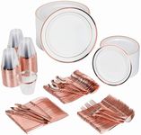 Prestee 600 Piece Plastic Disposable Dinnerware Set 100 Guests - Includes Dinner Plates, Salad Plates, Knives, Forks, Spoons, & 9 oz Cups | Rose Gold