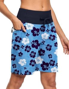 ISEEGZ Women's 9" High Waisted Swim Board Shorts Quick Dry UPF 50+ Womens Swim Trunk Bottoms with Liner Zipper Pockets Blue Floral