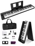 61 Key Folding Piano Keyboard, Upgrand Imitation Wood Texture Keyboard Portable Piano, Bluetooth & MIDI, Foldable Keyboard Piano for Beginner - Deep Black