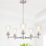 Brushed Nickel Chandelier for Dining Room Light Fixture 5 Lights 24" Contemporary Farmhouse Chandelier with Glass Shade Hanging Pendant Light Modern Chandeliers for Living Room Entryway Kitchen Foyer