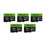 PNY 64GB Premier-X Class 10 U3 V30 microSDXC Flash Memory Card 5-Pack - 100MB/s, Class 10, A1, 4K UHD, Full HD, UHS-I, Micro SD