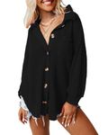 WNEEDU Womens Waffle Knit Botton Down Shirts Casual Long Sleeve Jacket Boyfriend Tops Blouses with Pockets, Black L