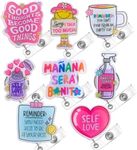 YJ PREMIUMS 8PC Cute Funny Badge Reels Retractable Holders | Badges Reel Clip ID Holder for Nurse Nurses Nursing Social Worker Mental Health Care | Self Love Spanish Good Thoughts Gift Accessory