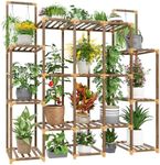 EnHomee Plant Stand Indoor Plant Shelf Load-Bearing 570 LBS Wood Plant Stand for Multiple Plants with 13 Potted & Double Rod for Hanging Plant Rack Plant Shelves 56''W*11.6''D*47''H Transformable