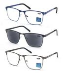 MODFANS 3-Pack Reading Glasses Men Blue Light Blocking Metal Frame Rectangle Style Stainless Steel Material Spring Hinges Includes Sun Readers