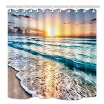 KOTOM Ocean Beach Shower Curtains Sunset Sea Tide Summer Beach Scenery Bathroom Curtains, Waterproof Polyester Fabric， Include Hooks， 69x70 Inches, Yellow Turquoise Beige