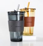 KELVEE Glass Coffee Sipper Mug with Leather Grip Pack of 2, Clear Drinking Glasses Tumblers with Straws and Lids for Iced Tea, Juice, Mocktail, Smoothies Cold & Hot Drink Cups (Black + Brown)