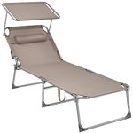 SONGMICS Lounger, Sunbed, Large Reclining Sun Chair, 71 x 200 x 38 cm, Load Capacity 150 kg, with Headrest, Reclining Backrest, Sunshade, Foldable, for Garden, Taupe Colour GCB022K01