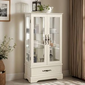 CKEASEAN Curio Cabinet 47" H Vintage Glass Display Cabinet with 3-Tier Adjustable Glass Shelves, Acrylic Mirrored Back Pane, Light Blub Included, China Cabinet for Living Room (White)