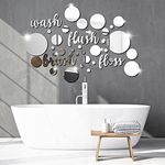 Nuanchu 30 Pcs Bathroom Wall Decals Brush Wash Flush Floss Stickers 3D Round Mirrors Wall Decal Self Adhesive DIY Acrylic Mirror Decor Beautiful Art Words Decor for Home Bedroom (Silver)