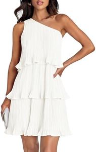 ZESICA Women's 2024 Summer Sleeveless Mini Dress Boho One Shoulder Ruffle Tiered Layered Chiffon Flowy A Line Dresses, White, Small