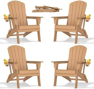 nevilywood Folding Adirondack Chair with Cup Holder Set of 4, HDPE Patio Chairs,All-Weather Outdoor Chairs for Backyard, Deck,Fire Pit-TeakBrown