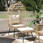 YITAHOME Wicker Egg Chair with Ottoman for Outdoor Indoor, Large Egg Chair with Cushion, All-Weather Large Egg Basket Chair for Patio, Outside, Balcony, Bedroom (Beige)