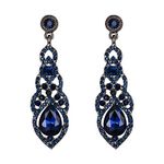 BriLove Navy Blue Chandelier Earrings Crystal Art Deco Teardrop Hollow Pierced Dangle Earrings for Women's Wedding Bridal Sapphire Color Black-Silver-Tone