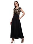 Miss Chase Women' Floral V - Neck Cap Short Sleeves Lace Overlaid Fit & Flare with Pockets Paneled Maxi Dress (MCSS21D06-11-62-05, Black, L)