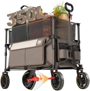TIMBER RIDGE 12.4 Cu.Ft. Extra Large Collapsible Folding Wagon Carts with Brake, Heavy Duty Outdoor Camping Utility Wagons with Extended Height, Adjustable Handle, Cup Holders, Side Bag - Tan