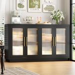 FOTOSOK Buffet Cabinet with Storage, 55.1" Large Sideboard Cabinet, Modern Sideboard Kitchen Cabinet with 4 Fluted Glass Doors, Wood Coffee Bar Cabinet Buffet Table for Kitchen, Black