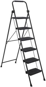 6 Step Ladder, Steel Folding Step Ladder, Portable Ladder with Anti-Slip Wide Pedals, Safe-Lock Design, Handrail, Durable Construction for Multi-Purpose, Home, Kitchen, Black