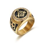 Bling Masonic Symbol Ring, Rhinestone Freemason Ring for Men, Gold Master Mason Ring Iced Out Freemason Jewelry, Shield Cross Masonic Ring Punk Masonic Compass Ring (12)