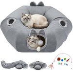 Odoland Cat Tunnel with Bed, Foldable Large Pet Donut Tunnel Bed in Linen, Interactive Cat Play Tunnel Toys with Ball for Indoor Cats, Kittens, Rabbit, Puppies
