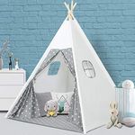 Wilwolfer Teepee Tent for Kids Foldable Children Play Tent for Girl and Boy with Carry Case 4 Poles White Canvas Playhouse Toy for Indoor and Outdoor Games (Grey)