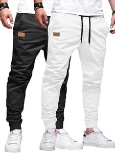 PLEPAN Men's Casual Joggers Trousers Cotton Drawstring Chino Cargo Trousers Hiking Outdoor Twill Track Jogger Sweatpants Pack Black White X-Large