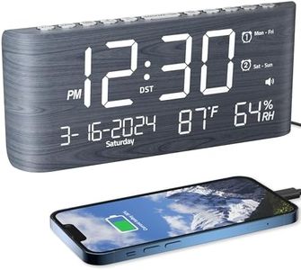 Wooden Alarm Clock,Digital Clock with Large LED Display,Temperature/Humidity/Date/Week, Dual Alarms for Workday/Weekend, 2 USB Charging Ports, Dimmer, Calendar Alarm Clocks for Bedrooms Office Kids