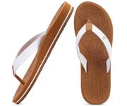 ONCAI Womens Flip Flops Arch Support Yoga Mat Summer Beach Leather Athletic Woman Thong Sandals with Orthotic Plantar Fasciitis Rubber Soles White/Khaki Size 8.5