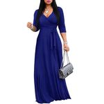 FANDEE Women's 2024 Maxi Dress - Solid Color Bohemian Summer Long Maxi Dress V-Neck 3/4 Sleeve, Solid Deep Blue, 3XL