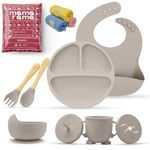 Mamarama 11 Piece Silicone Baby Feeding Set, Complete Mealtime Essentials, Includes Suction Bowl, Plate, Cup with Straw & Snack Lid, Fork, Spoon, Bib, and 3 Napkins for Babies and Toddlers (Grey)