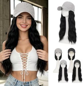 Rich Choices Hat Wigs for Women,Summer Baseball Cap Wigs,Hats with Hair Attached for Women/Men 18Inch Wave/Curly Straight Jet Black Hair Light Gray Hat