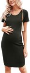 Ekouaer Maternity Dress Rib Knit Short Sleeve Bodycon Dresses Casual Stretchy Pregnancy Baby Shower Clothes Dark Green Large