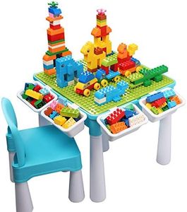 burgkidz Kids 5-in-1 Multi Activity Table Set - Building Block Table with Storage - Play Table Includes 1 Chair and 130 Pieces Compatible Large Bricks Building Blocks for Ages 2 and Up (Blue)