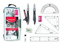 Maped Study Geometry 10 Piece Set, includes: 2 Metal Study Compasses, 2 Triangles (45° & 30°/60°), 6" Ruler, 4" Protractor, Pencil for Compass, Pencil Sharpener, Eraser, Lead Refill (897010)